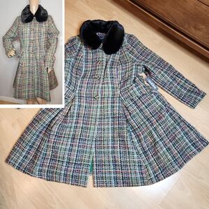 NWT Modcloth Multi Colored Tweed Flare Coat Removable Faux Fur Collar Size 1X